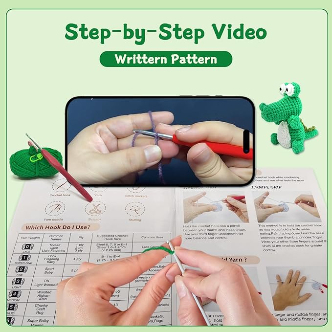 minimal beee Crocodile Crochet Kit for Beginners, Animals Easy-Peasy Yarn with Complete Starter Supplies, DIY Gift for Adults Crafts, Includes Video Tutorials & Patterns