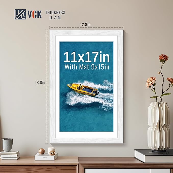 VCK 11x17 Picture Frames White Set of 5, Wide Border Wood, Tempered Glass, Display 9x15 Photo with Mat or 11 x 17 without, for Home, Office, Gallery, Woodgrain Series, Wall Hanging
