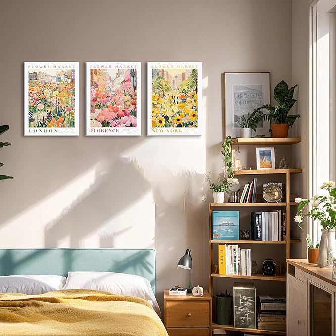 XLARTMY Flower Market Wall Art Print Canvas Framed Yellow Pink Floral Paintings Colorful Botanical Sunflower Artwork Travel Poster for Decor Picture 3 pieces for Living Room Bedroom Bathroom 12x16in