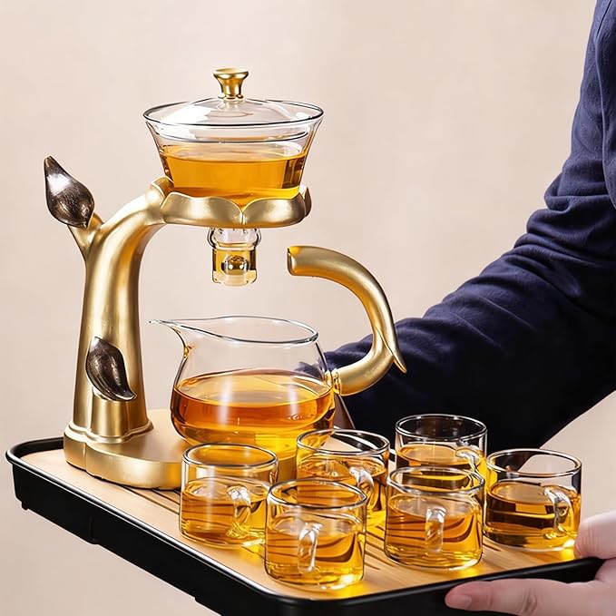 Lazy Kungfu Glass Tea Set Heat Resistant Semi Automatic Drip Rotating with Infuser Magnetic Teapot Set for Gongfu Tea Making Ideal (Gold)
