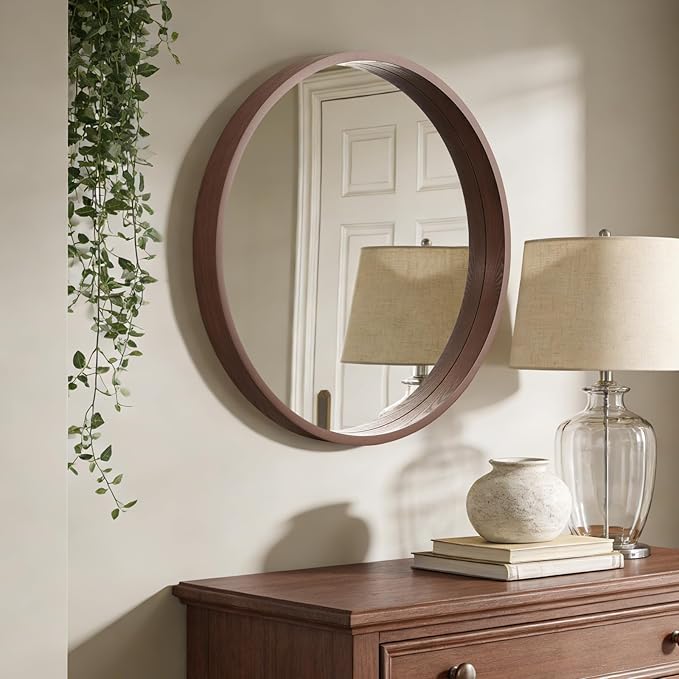 WallBeyond 28 Inch Round Wood Mirror, Large Circle Wooden Frame Wall Mirror for Bathroom, Living Room, Bedroom, Entryway (Walnut)