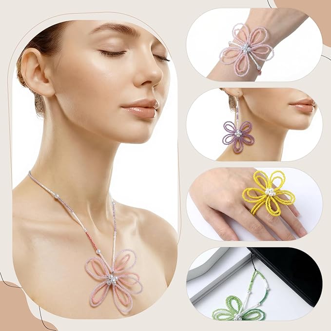 Luinabio 12080 Pcs 3mm Glass Seed Beads for Jewelry Bracelet Making Kit DIY Beaded Big Bloom 24 Colors 3mm Glass Bead and 4mm 8mm White Pearl Beads Set with Beading Needles Elastic Strings Scissors