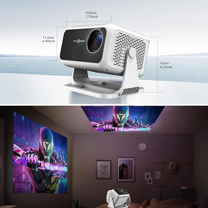 Smart Projector with WiFi and Bluetooth, 4K Support Android 13 Auto Focus 800 ANSI 1080P Native Portable Outdoor Indoor Home Video Projectors - Mirror Gray