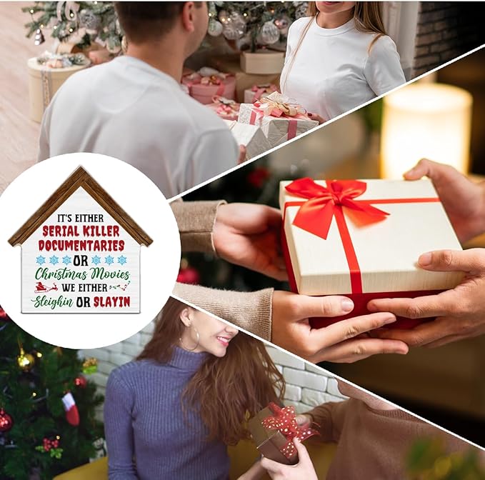 Vintage Farmhouse Christmas Decor, It's Either Serial Killer Documentaries or Christmas Movies House Shaped Wood Sign Decorations for Desk Table Shelf