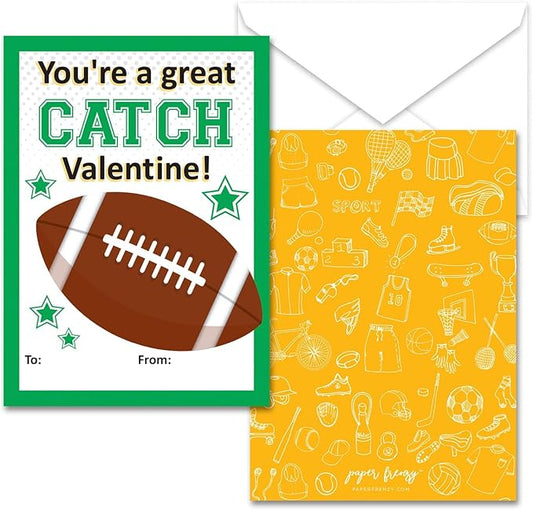 Paper Frenzy Football Themed Valentines - 25 pack WITH ENVELOPES, 3.5" x 4.875"