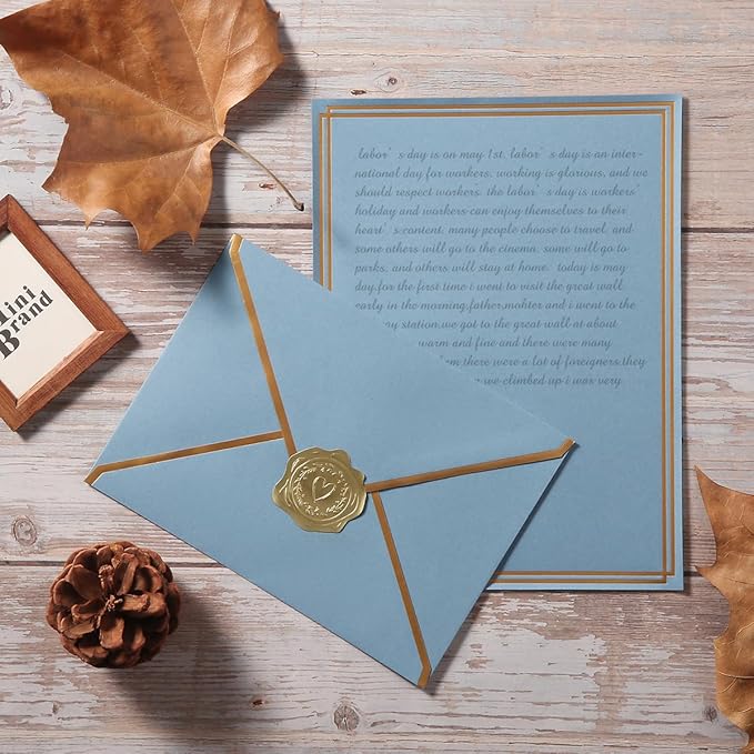 50 Pack Stationery Set with Gold Border, A6 Envelopes and 6x8 Paper Sheets and Stickers for Writing Letters (Dusty-Blue, 6x8 Inches)