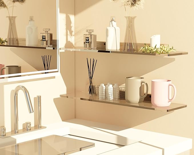 Acrylic Floating Shelves with Solid Wood Base, Wall Mounted Shelf for Plants, Perfume, Nail Polish, Bathroom, Bedroom & Living Room Décor