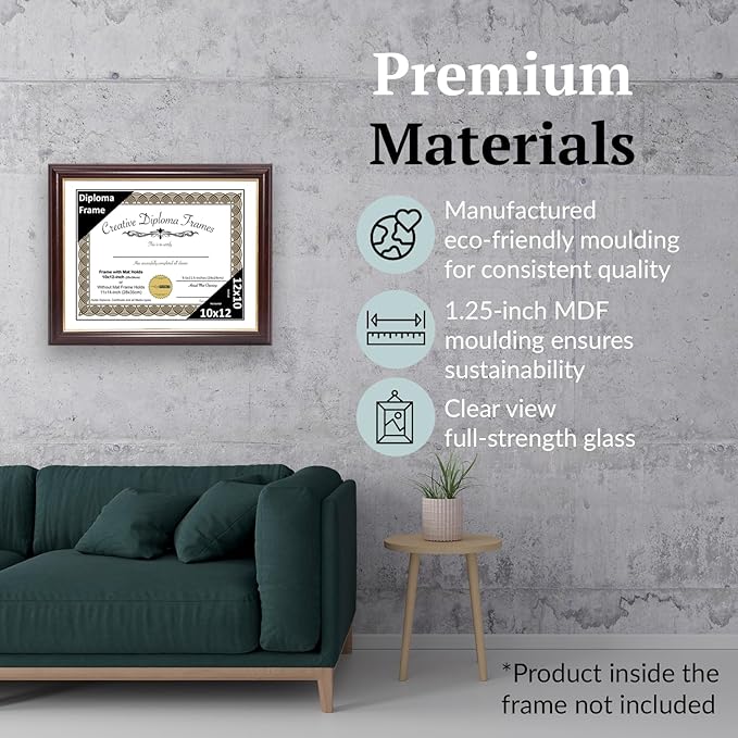 Creative Picture Frames 10x12 Mahogany Gold Rim Diploma Frame with White Mat Glass Easel and Installed Wall Hangers | Frame Holds 11x14 Media without Mat
