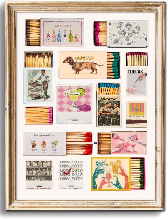 Uniro Vintage Matchbox Art Print, Trendy Matches Poster for Bar Cart Decor, Retro Matchbook Wall Art Girly Preppy Room Decor Aesthetic for Apartment Dorm Bedroom Living Room Home Decor, Bar Cart Wall Art - 8"x10"