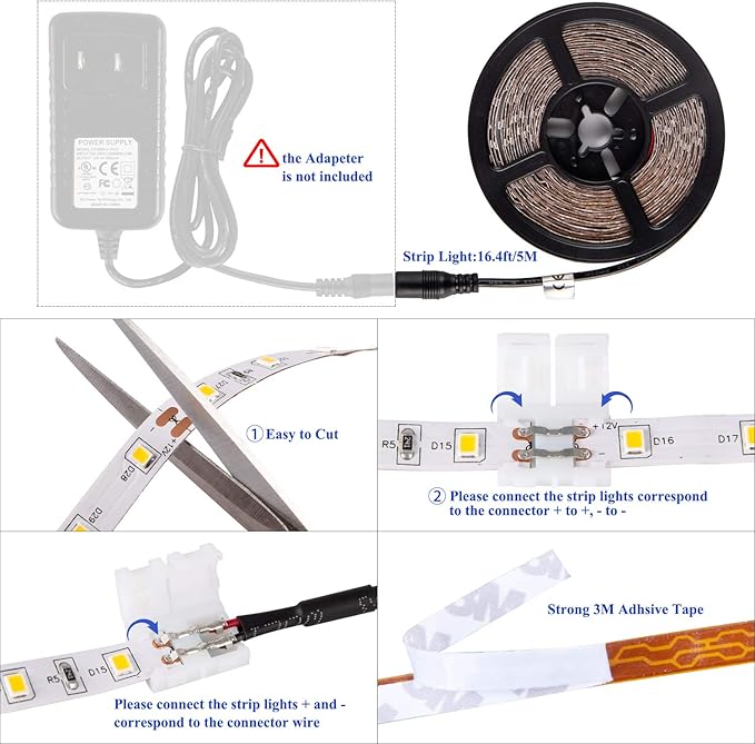 Daylight White LED Strip Lights, 12V16.4ft 300LEDS Flexible Tape Light for Hallway, Staircase, Bookshelf, Under Cabinet, Non Waterproof, Not Include Power Adapter