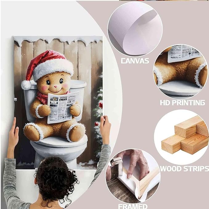 Framed Canvas Wall Art Gingerbread on the Toilet Funny Christmas Poster Bathroom Wall Art Toilet Trendy Christmas Decor 12x18in Wood Framed