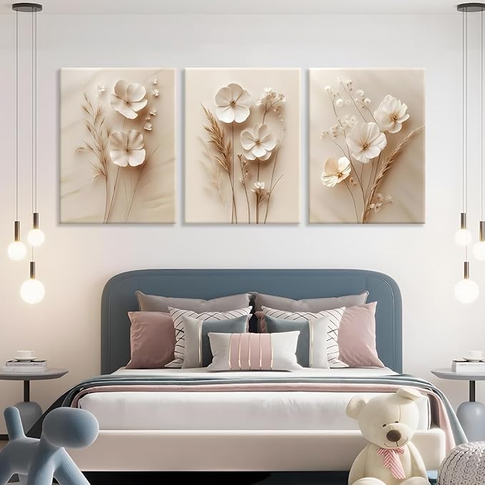 3Pcs Framed Neutral Beige Floral Canvas Wall art Modern Simple Texture Plant Painting Wall Decor Vintage Flower Poster Prints for Living Room Bedroom Farmhouse 16x24in Ready to Hang