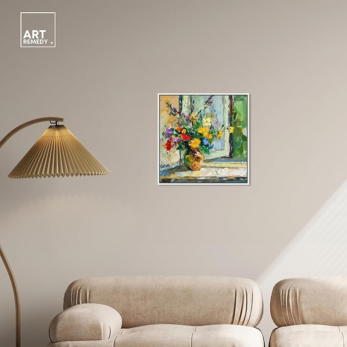 Art Remedy Vase By The Window Framed Impressionism 1 Piece Canvas Wall Art/Monet And Van Gogh Inspired Art, 21" x 21", White Frame