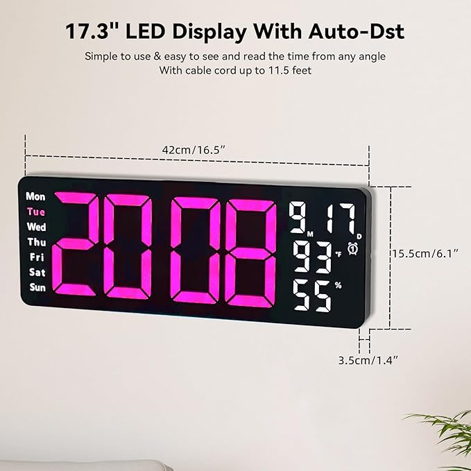Digital Wall Clock Large Display, 17.3" Digital Clock with RGB Color Remote Control, Auto-Dimming Big Wall Clock with Night Light,Auto DST,Date Week,Temp for Home Decoration, for Elderly (Rose red)
