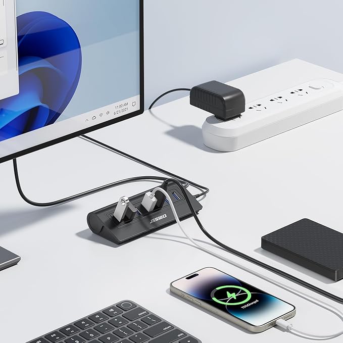 Powered USB Hub, JESWO 7-Port USB 3.0 Hub, Aluminum USB Data Hub with 3.3ft Cable, USB Hub 3.0 Powered with 20W Power Adapter for MacBook, Mac Pro/mini, iMac, XPS, PC, USB-Flash Drives, etc. (Black)