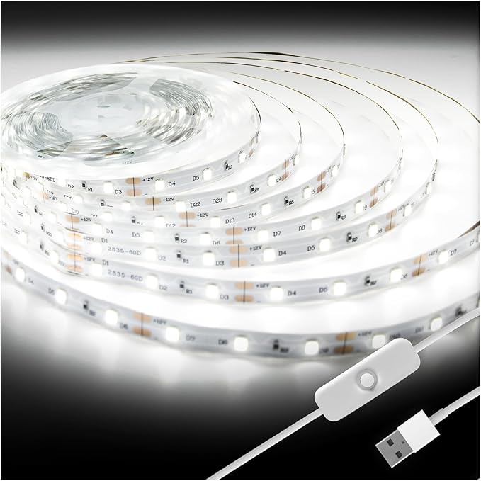 DAYBETTER 6.56ft White LED Strip Light, 6500K Ultra Bright USB-Powered Tape Light, Flexible Cuttable Design with 120 LEDs for Bedroom, Kitchen, Mirror, Home Decoration