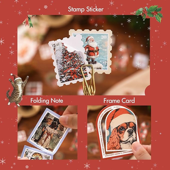 OKUPAN 157 Pcs Christmas Scrapbooking Supplies Kit - Vintage Junk Journaling Supplies, PET Stickers, Washi Tape for Bullet Journals, DIY Crafts, Planner Decor, and Holiday Gifts for Women & Adults