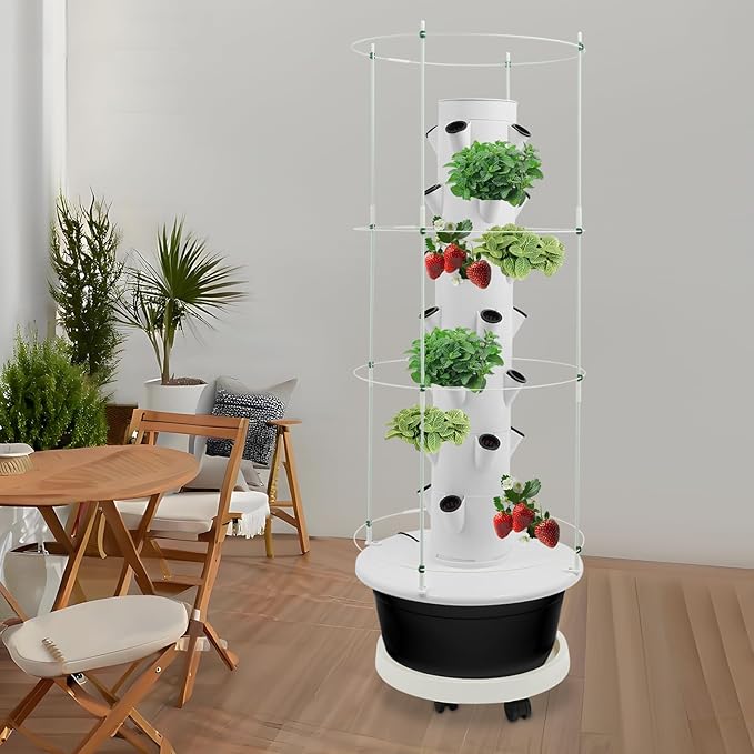 7-Tier 28 Plant Hydroponic Growing Tower, Indoor/Outdoor Vertical Garden System with Climbing Trellis, Garden Hydroponic Growing Kit for Growings Lettuce, Strawberries, Herbs, Vegetables