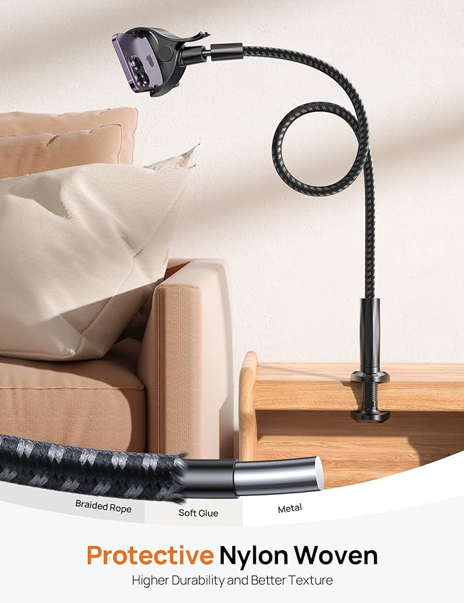 Aomiker Gooseneck Phone Holder for Bed - [2025 Upgrade Nylon Braid] 38” Long Flexible Lazy Arm Clip, 360 Adjustable Overhead Phone Mount for iPhone 15 14 13 12 11 Pro Max Mini Plus, all 4-7" Cellphone