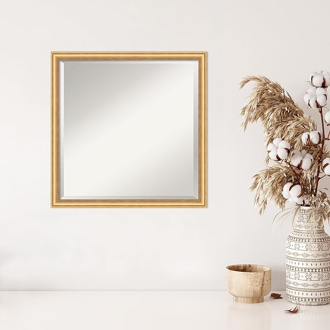 Amanti Art Gold Wall Mirror 22x22 Salon Scoop Gold Square Bathroom Mirror for Wall Decor Living Room, Medium Casual Wood Frame, Hangs Horizonally and Vertically, Bathroom Decor, Beveled Edge