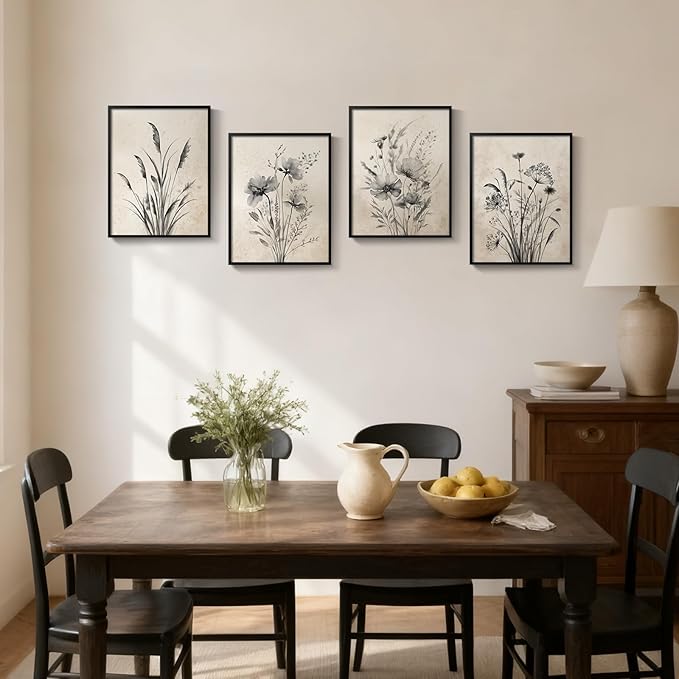 Framed Boho Vintage Botanical Wall Art, 4 Piece Neutral Rustic Floral Canvas Painting Prints for Modern Farmhouse, Black and White Flower Pictures for Living Room Bedroom Dining Room Wall Decor, 11x14