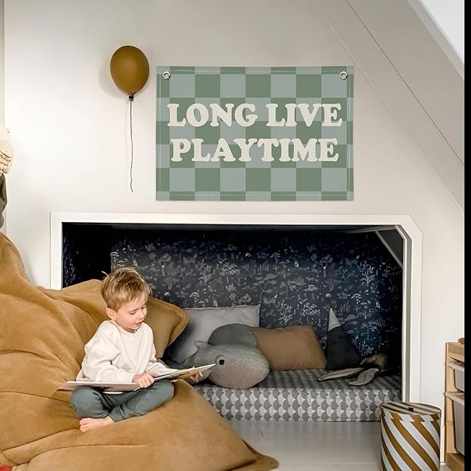 Long Live Playtime Banner, Boy Nursery Decor, Sage Green Blue Canvas Banner Wall Hanging Banner Flag Decor for Nursery Playroom Toddler Room, Boys Kids Room Decor, 26x19 Inch, Beige