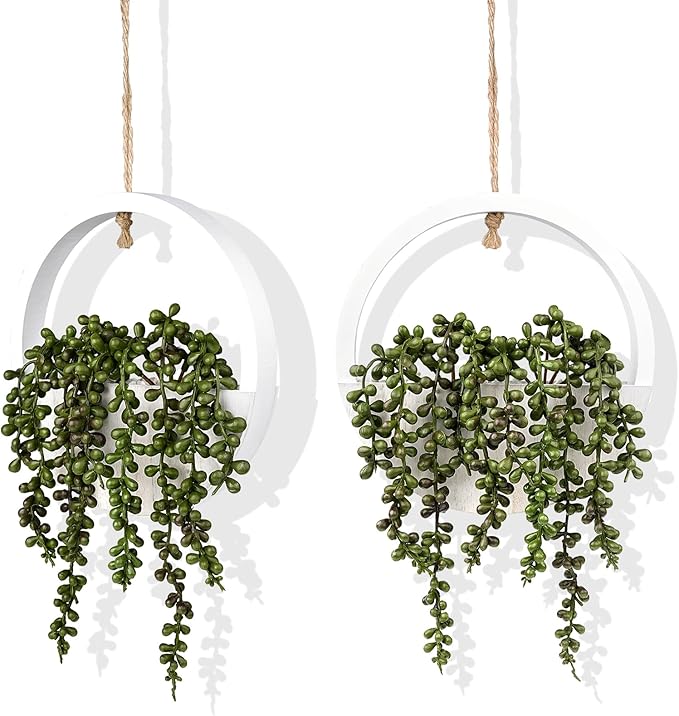 2PCS 12.2" Fake Hanging Plant, Succulent Wall Decor, Fake Plants Decor, String of Pearls in Pot with 8.3" Lanyard for House Indoor Outdoor Bedroom Wall Decor Aesthetic (White)