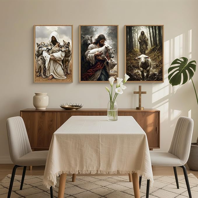 KAIRNE Jesus Christian Wall Art Set of 3, Religious Canvas Prints with Lamb & Wolf, Vintage Bible Verse Decor, The Good Shepherd Artwork for Living Room, Bedoom - 16x24 Inches