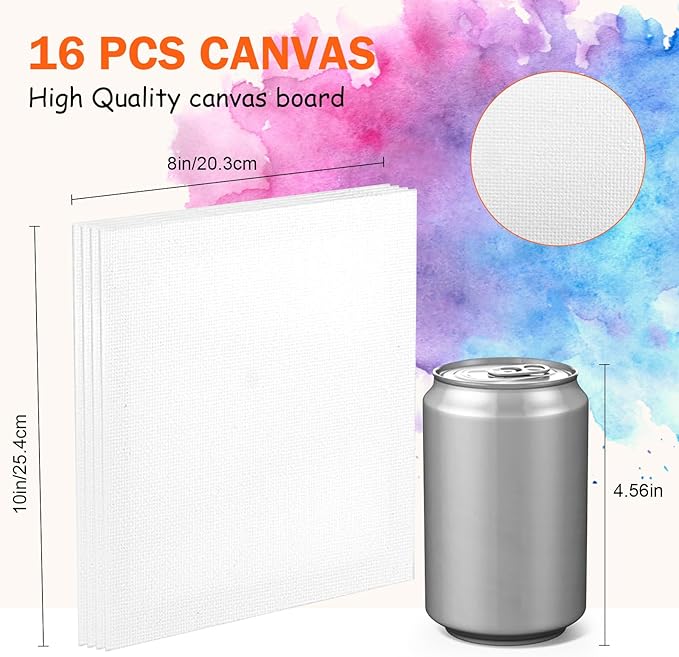 Acrylic Paint Set with 8 PCS 11.8In Easel & 16 PCS 8X10In Canvas, Painting Canvas Panel with Easel, Art Canvas Painting Kit with Brushes & Paint Trays for Kids Teenagers Acrylic Oil Water Color Gift