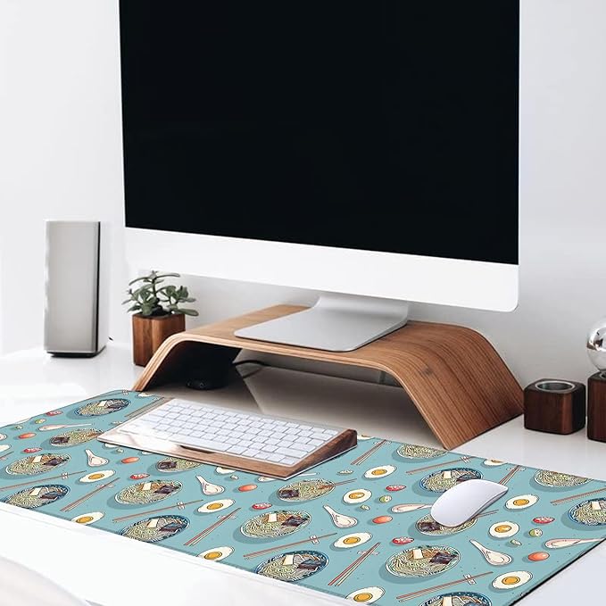Ramen Large Gaming Desk Mat,Rubber Non-Slip Fun Food Noodle Bowl Chopstick Mouse Pad,31.5x11.8x0.12in Extended Asian Cuisine Mousepad,Game Lover Mice Pads Gifts,Office Home Deskmat Decor