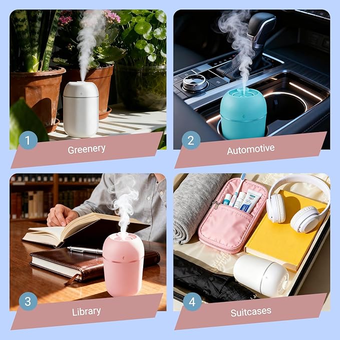 3 Pcs 330ml Small Cool Mist Humidifiers for Bedroom Indoor,Personal Mini Air Humidifier Easy Clean for Plants,Vaporizer for Congestion Portable,Desk Humidifiers for Office Bedside Nightstand Home