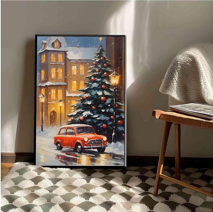 Framed Canvas Wall Art Snowy Christmas tree and red car art print Christmas in the city classic timeless red car snow cosy winters day 20x30in Metal blackFramed