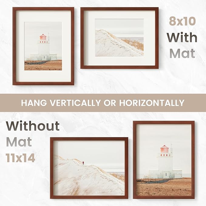 11x14 Picture Frame, USA-Sourced Natural Mahogany Wood Photo Collage Frame with HD Tempered Glass, Modern Simple 11 x 14 Wooden Frame Matted to 8x10, Vertical & Horizontal Wall Hanging Display