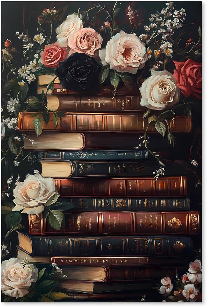 Dark Academia Book Canvas Posters Moody Botanical Floral Wall Art Vintage Antique Victorian Aesthetic Oil Painting for Gallery Library Wall Decor 16X24 inch Unframed