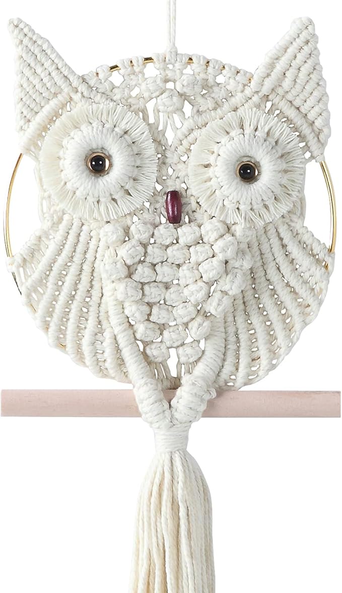 Owl Ivory Cotton Handmade Macrame Wall Hanging Tapestry Home Decor Art and Beige Craft Wonderful Decoration Woven Boho Ornament for Office Bedroom Apartment Living Room Cream Nursery