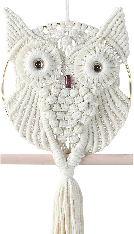Owl Ivory Cotton Handmade Macrame Wall Hanging Tapestry Home Decor Art and Beige Craft Wonderful Decoration Woven Boho Ornament for Office Bedroom Apartment Living Room Cream Nursery