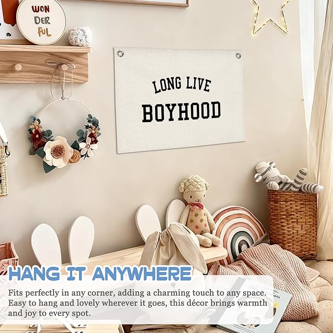Nursery Decor Wall Art,Long Live Boyhood,Minimalist Black and White Linen Banner Print Decor Hanging for Kids Boys Toddler Nursery Room Bedroom Playroom, 30X20 Inch