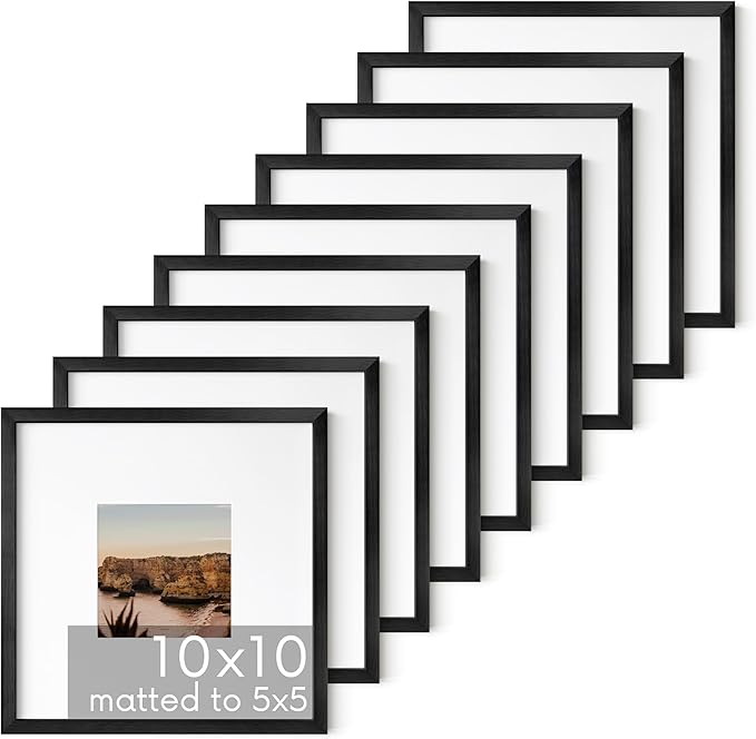 HAUS AND HUES 10x10 Black Metal Picture Frames Matted to 5x5 - Features Premium Aluminum & Hanging Hardware, Shatterproof Plexiglass - Ideal for Home, Room, Office (10x10 in, Black, Set of 9)