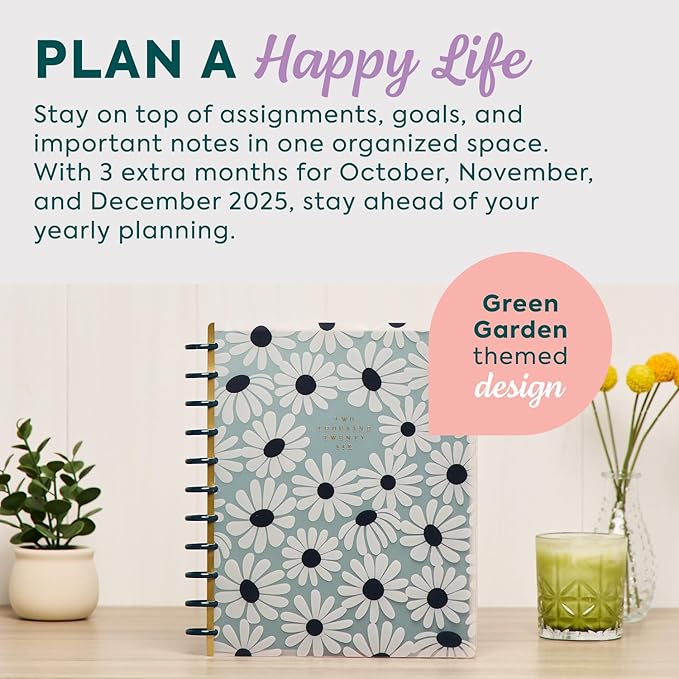 Happy Planner Disc-Bound Planner Jan.–Dec. 2026, Includes 3 Extra Months and 2 Sticker Sheets, Big Size, 8.5" x 11", Horizontal Layout, Green Garden