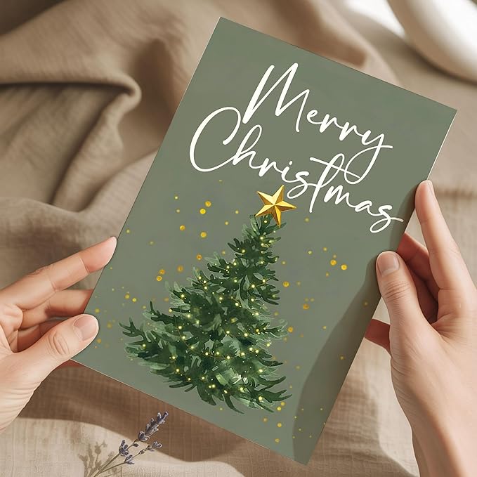 (5.3x8in) Merry Christmas Card with Envelope, Elegant Minimalist Holiday Tree Design with Golden Star, Simple Classic Christmas Greeting Card for Family, Friends, and Coworkers (Xmas 26)
