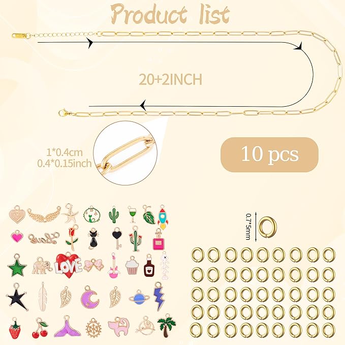 10PCS 18K Gold Plated Stainless Steel 20Inch Paperclip Charm Necklace for Women with 37PCS Alloy Charms Gold Paperclip Charm Necklace Chain Bulk Heart Feather Cat Love Necklaces