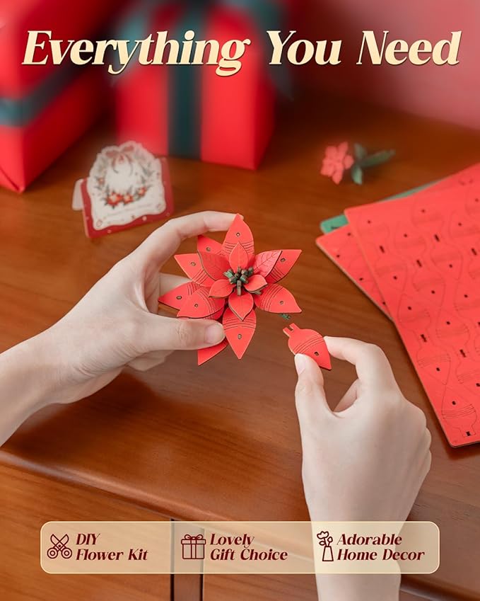 Rowood 3D Puzzles for Adults,Poinsettia Building Set Craft Kit,Artificial Flower Botanical Collection,Christmas Flowers Decoration Centerpiece for Table