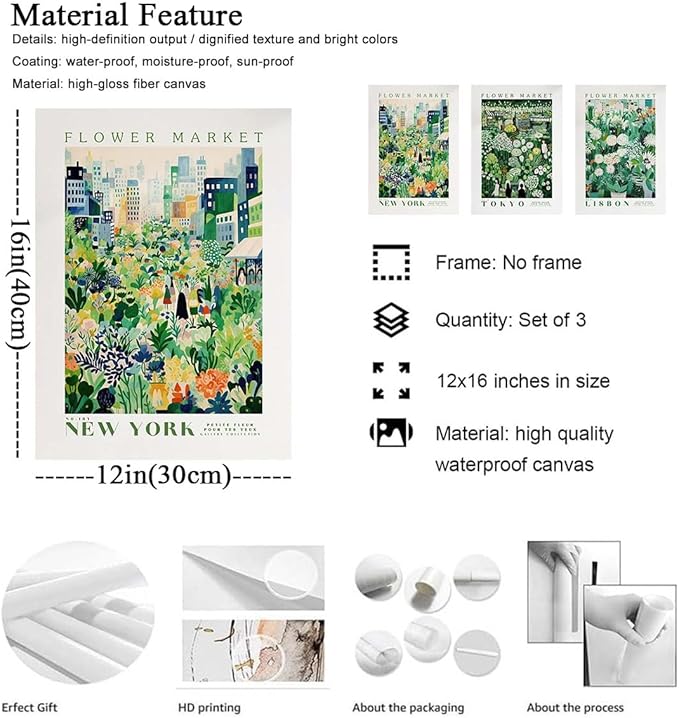 XLARTMY Flower Market Wall Art Prints Canvas Green Yellow White Floral Paintings Colorful Botanical Travel Flower Posters for Home Decor Pictures Set of 3 for Living Room Bedroom 12x16in Unframed