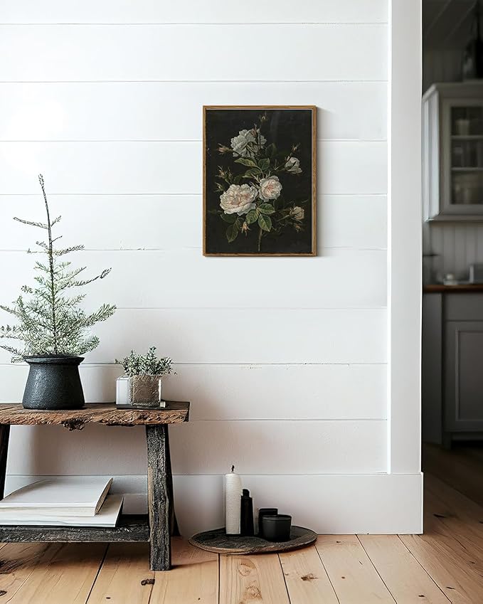 VIYYIEA Vintage Framed Wall Art, Retro Floral Paintings Art Decor Aesthetic, Canvas Print Artwork, Classical Flower Wall Pictures for Bedroom Living Room Fireplace Shelf, 12x16 Inch