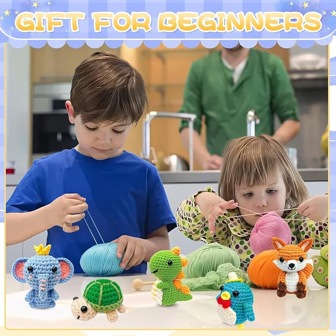 OLHKYN 6Pcs Crochet Kit for Beginners, 2025 DIY Craft for Adults and Kids, Great Gift for Crochet Lovers, Crocheting Animal Kits with Step by Step Videos,Yarn,Crochet Hook,Birthday Holiday Gift