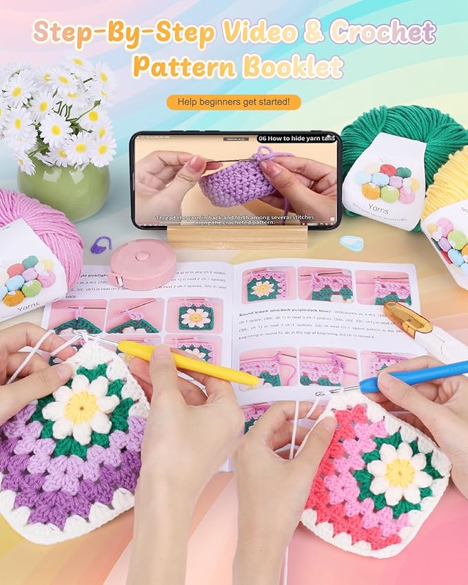 Coopay 3D Blanket Crochet Kit for Beginners, All-in-One Granny Square Blanket Kit with Step-by-Step Video & Enough Yarns - Master 3D Granny Square Crocheting Easily, Ideal Gift for Craft Lovers (Pink)