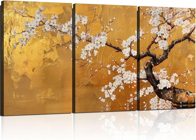 3 Pcs Framed Japanese Golden Plum Blossom Flower Wall Art Decor Canvas Print Picture Traditional Woodblock Print Style Farmhouse Poster Gallery Bedroom Living Room Office 16x24 Inch Ready to Hang