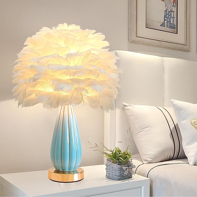 Chic White Feather Lamp Creative Feather Bedside Lamp Princess Nightstand Table Lamp Deco Nordic Desk Light for Cute Girl Bedroom Wedding Christmas Gift Living Room Entry Ceramic Body