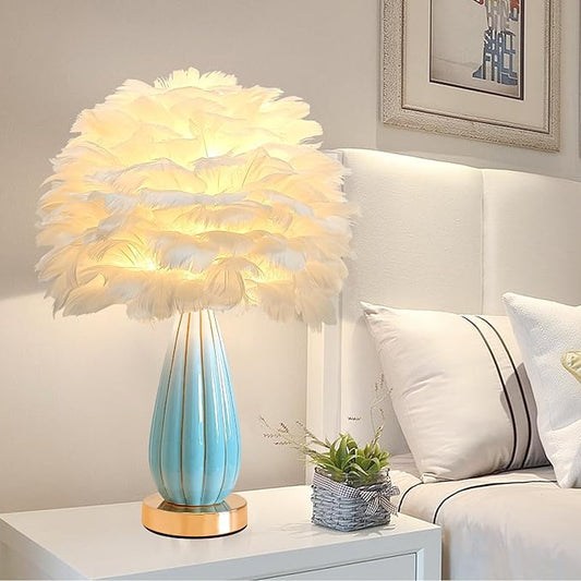 Chic White Feather Lamp Creative Feather Bedside Lamp Princess Nightstand Table Lamp Deco Nordic Desk Light for Cute Girl Bedroom Wedding Christmas Gift Living Room Entry Ceramic Body