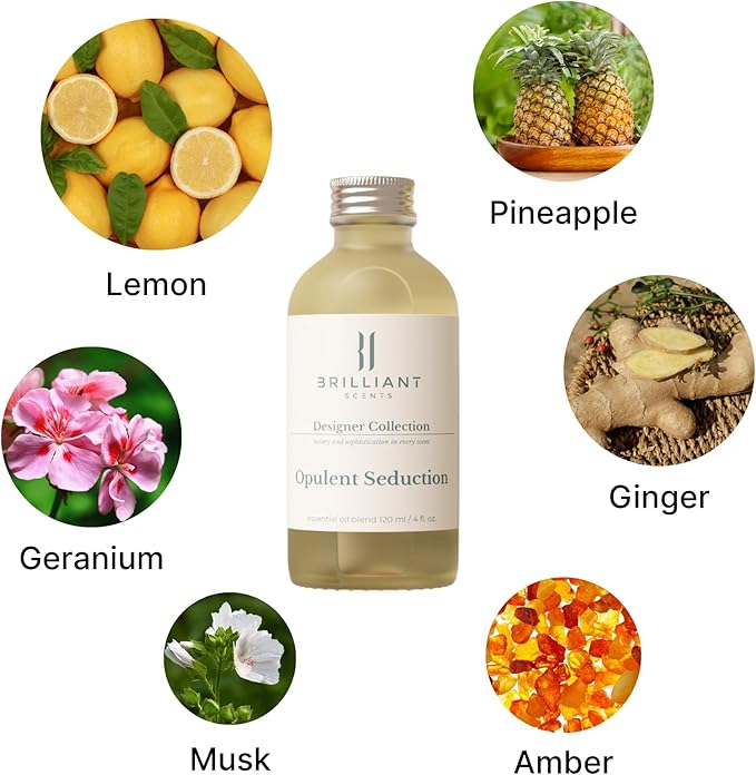 Brilliant Scents Opulent Seduction Fragrance Oil 120ml - Premium Diffuser Oil for Home, Office, Hotels - Long Lasting, Plant-Based, Meets IFRA Standards, USA-Made - Pineapple, Ginger, Oakmoss